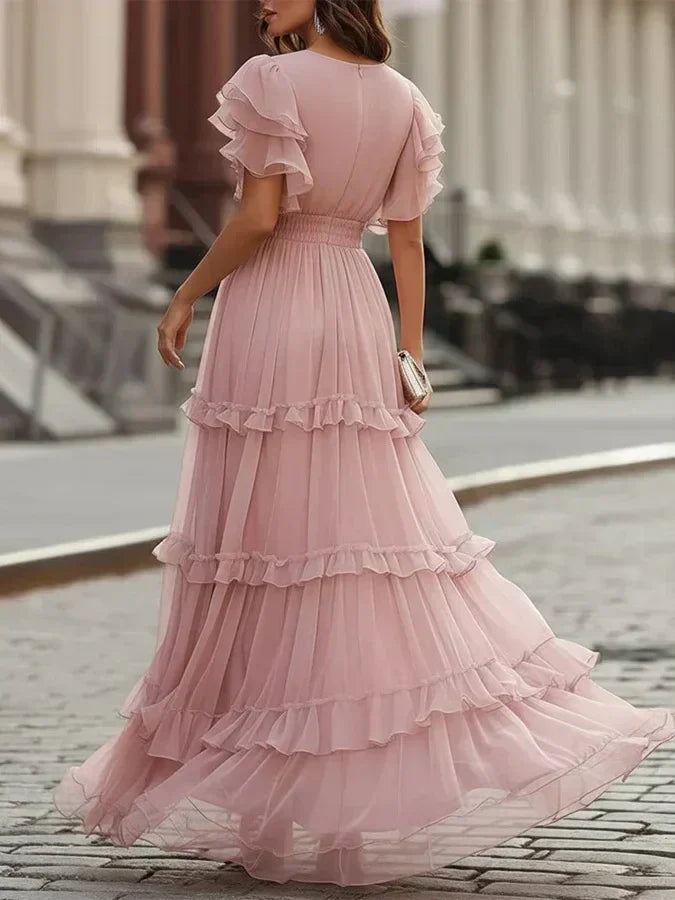 V-Neck Flutter Sleeve Tiered Ruffle Maxi Gown 4