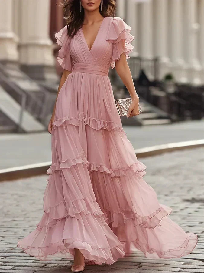 V-Neck Flutter Sleeve Tiered Ruffle Maxi Gown 3