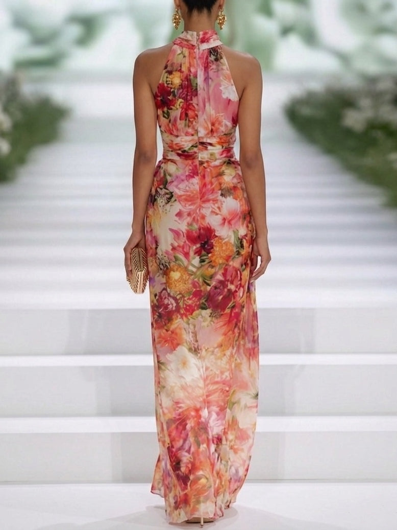 Floral Print Halter Neck Sleeveless Maxi Dress 2