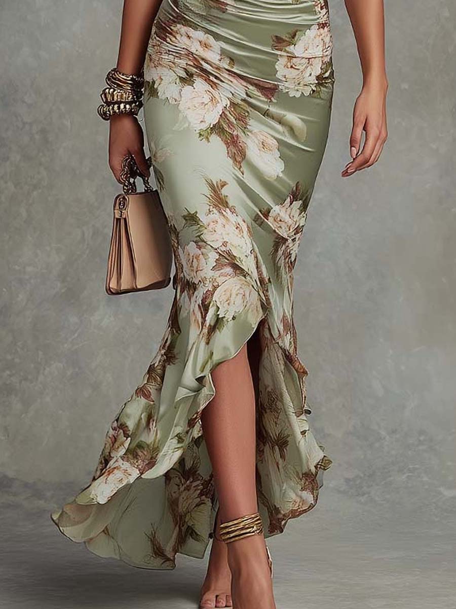 Floral Satin Deep V-Neck Ruffle Sleeve Ruched High Split Maxi Dress 5