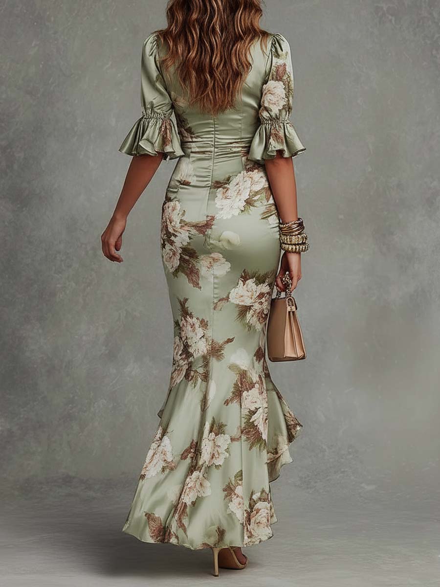 Floral Satin Deep V-Neck Ruffle Sleeve Ruched Maxi Dress 5