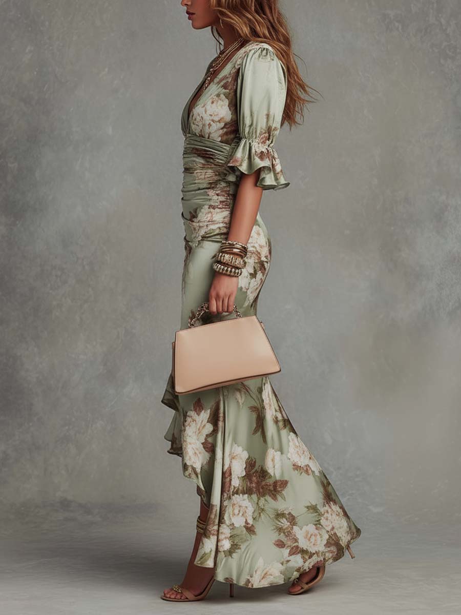 Floral Deep V-Neck Ruffle Sleeve Satin Mermaid Midi Dress 3