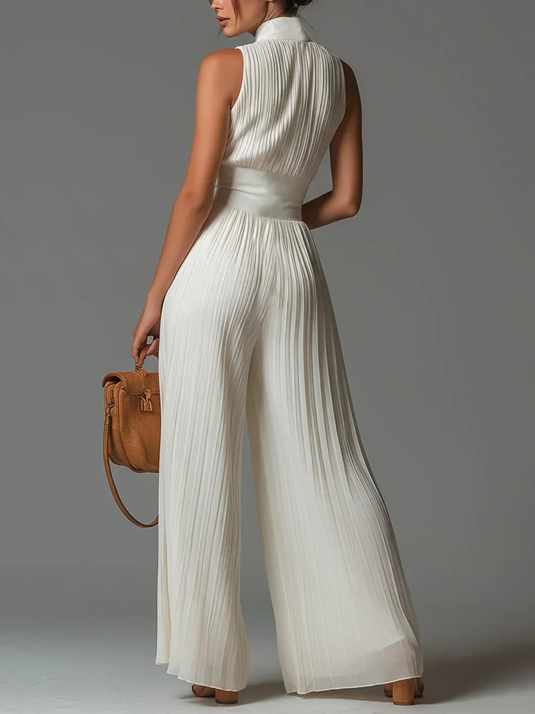 Sleeveless Deep V-Neck Zip Front Pleated Wide Leg Jumpsuit 9