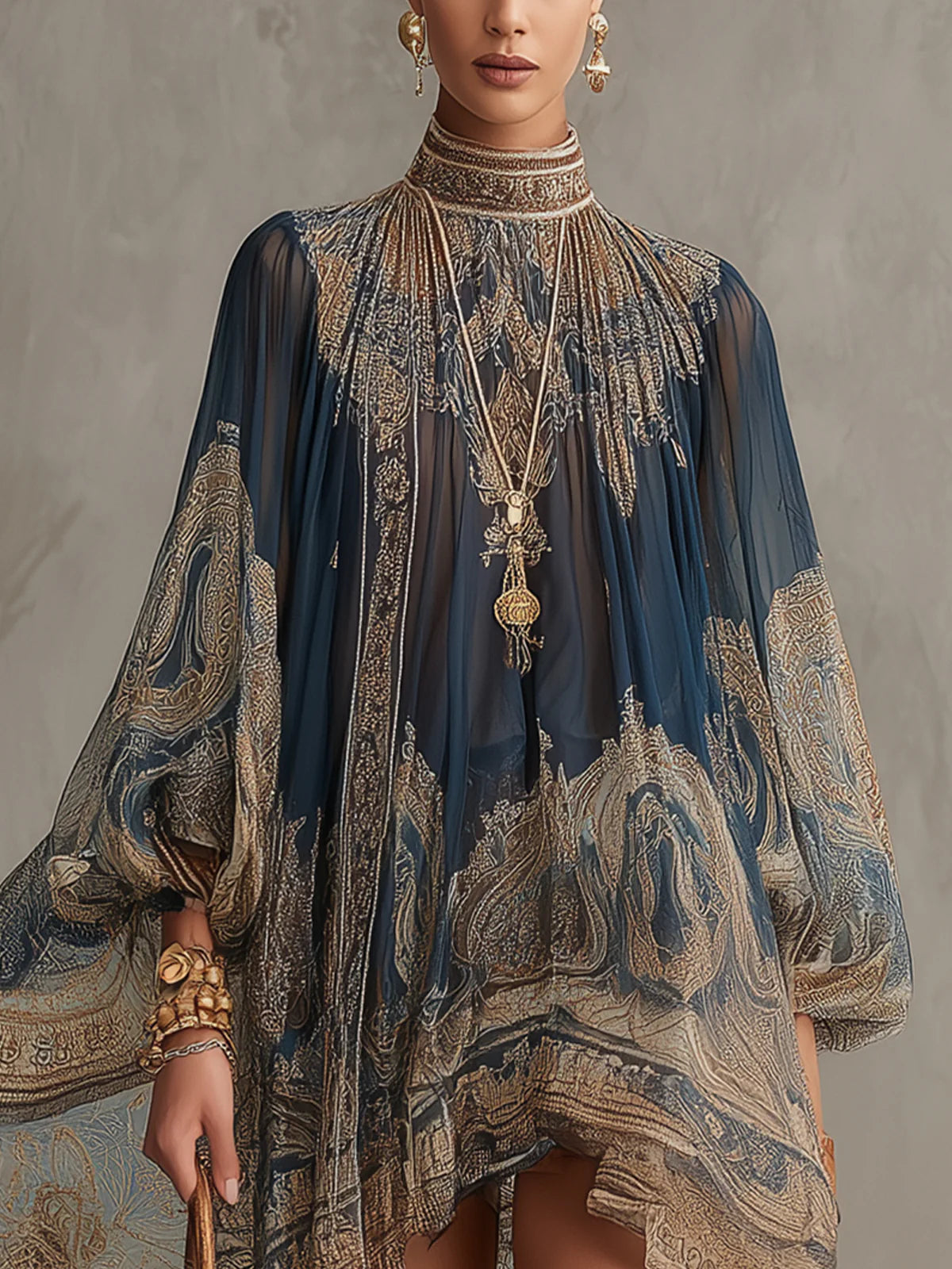 Baroque Print High Neck Long Sleeve Sheer Mini Dress 4