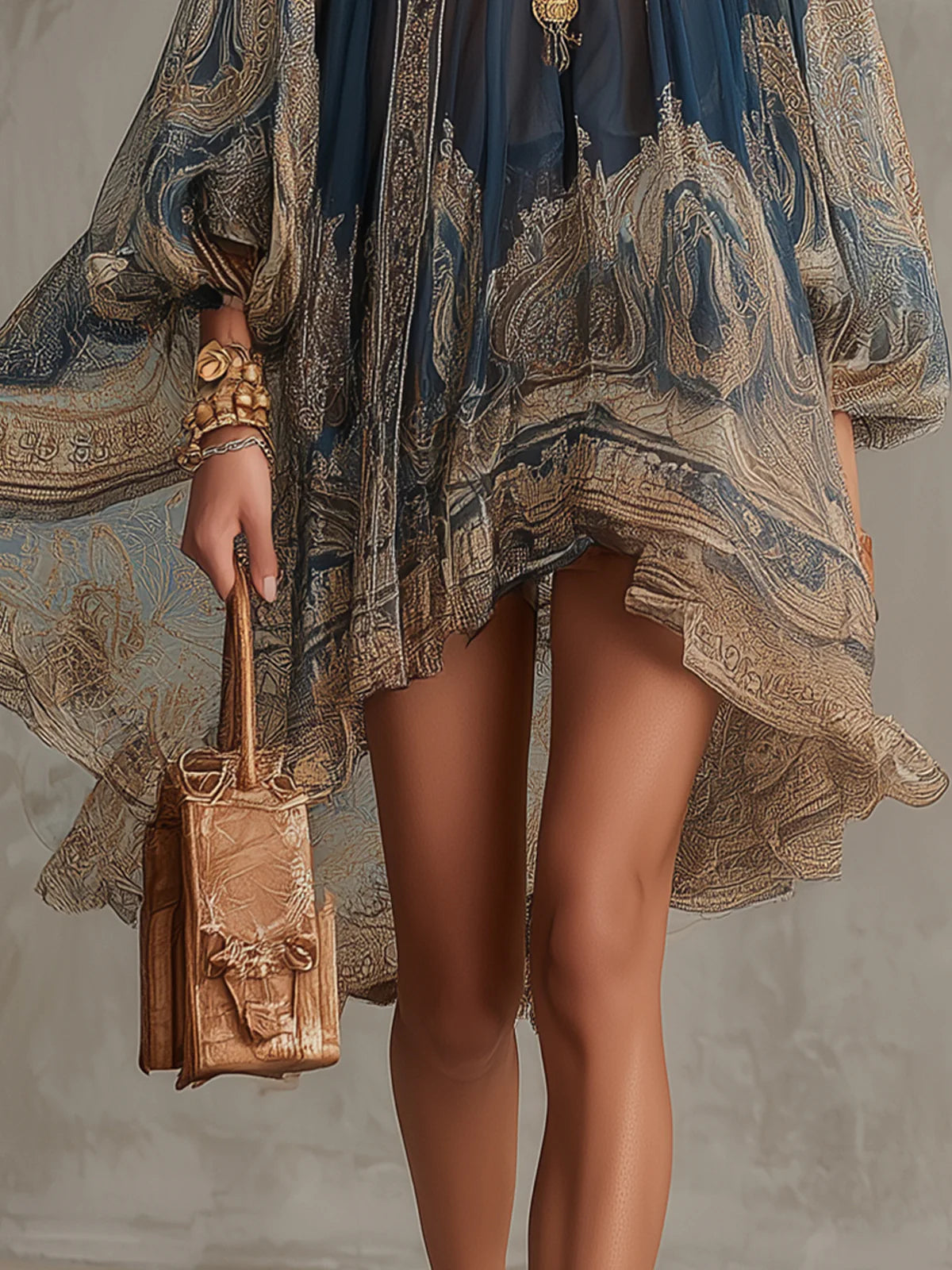 Baroque Print High Neck Long Sleeve Sheer Mini Dress 5