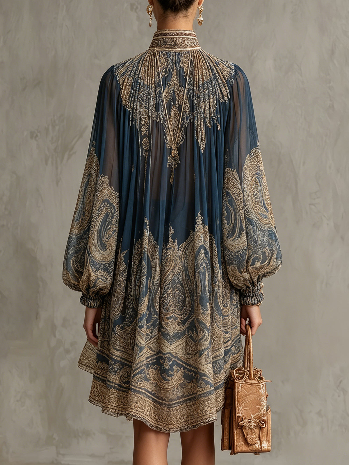 Baroque Print High Neck Long Sleeve Sheer Mini Dress 2