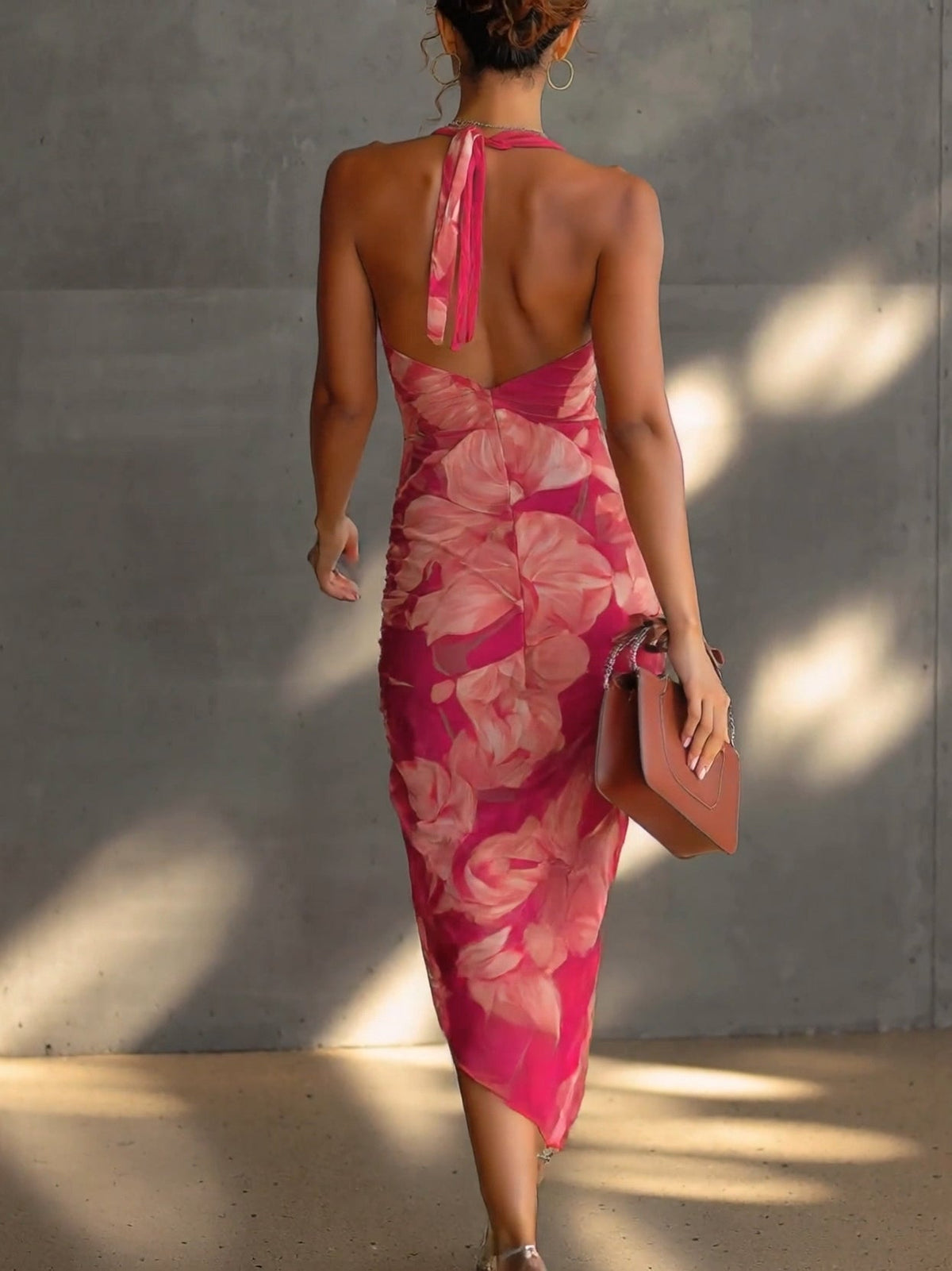 Floral Print Halter Neck Ruched High Split Bodycon Midi Dress 2