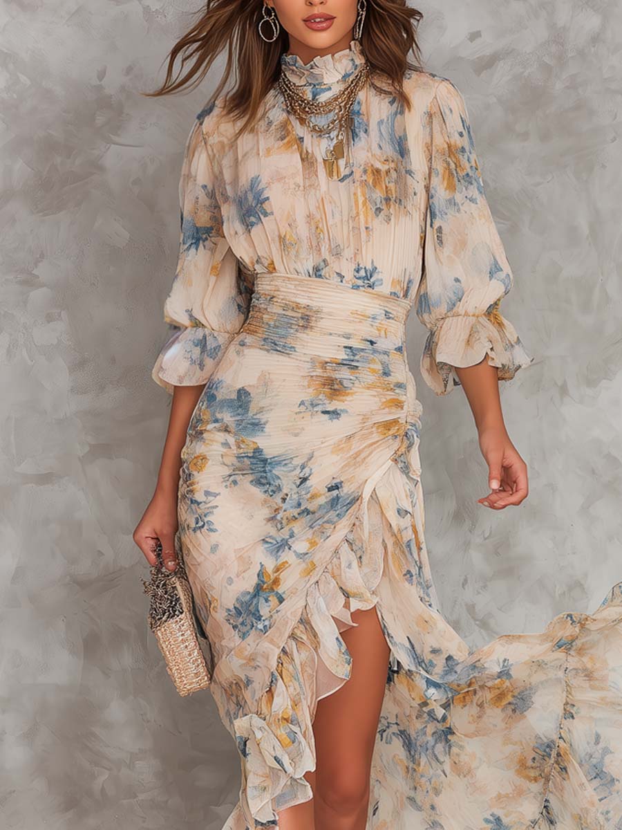 Floral Chiffon Ruched Ruffle Hem High Split Maxi Dress 3