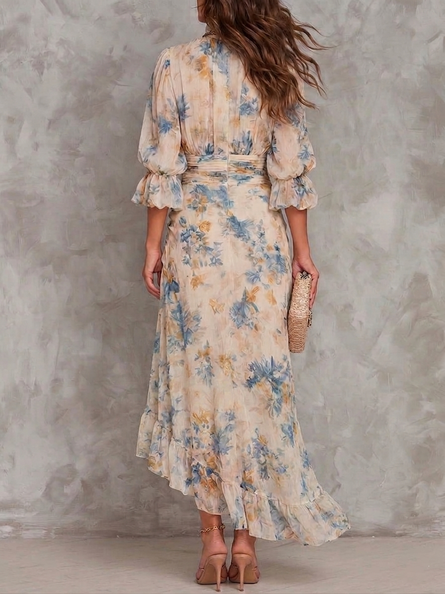 Floral Print Mock Neck Puff Sleeve Ruched High Split Maxi Dress 2