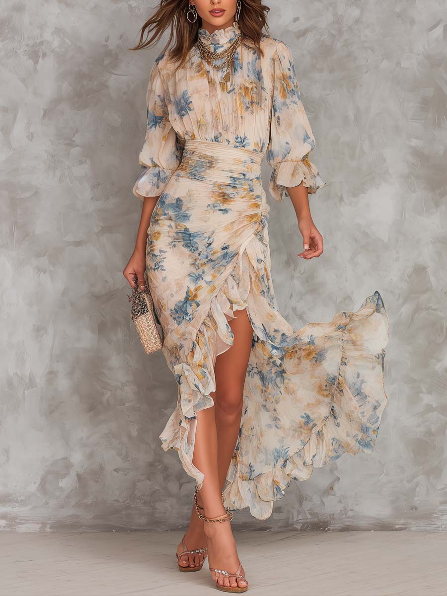 Floral High Neck Ruffle High Split Ruched Maxi Dress