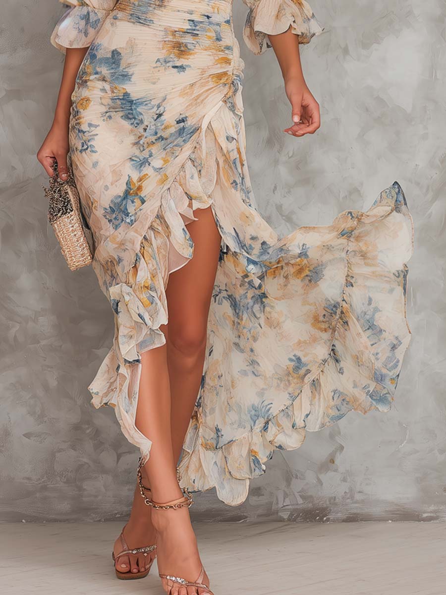 Floral Print Mock Neck Puff Sleeve Ruched High Split Maxi Dress 4