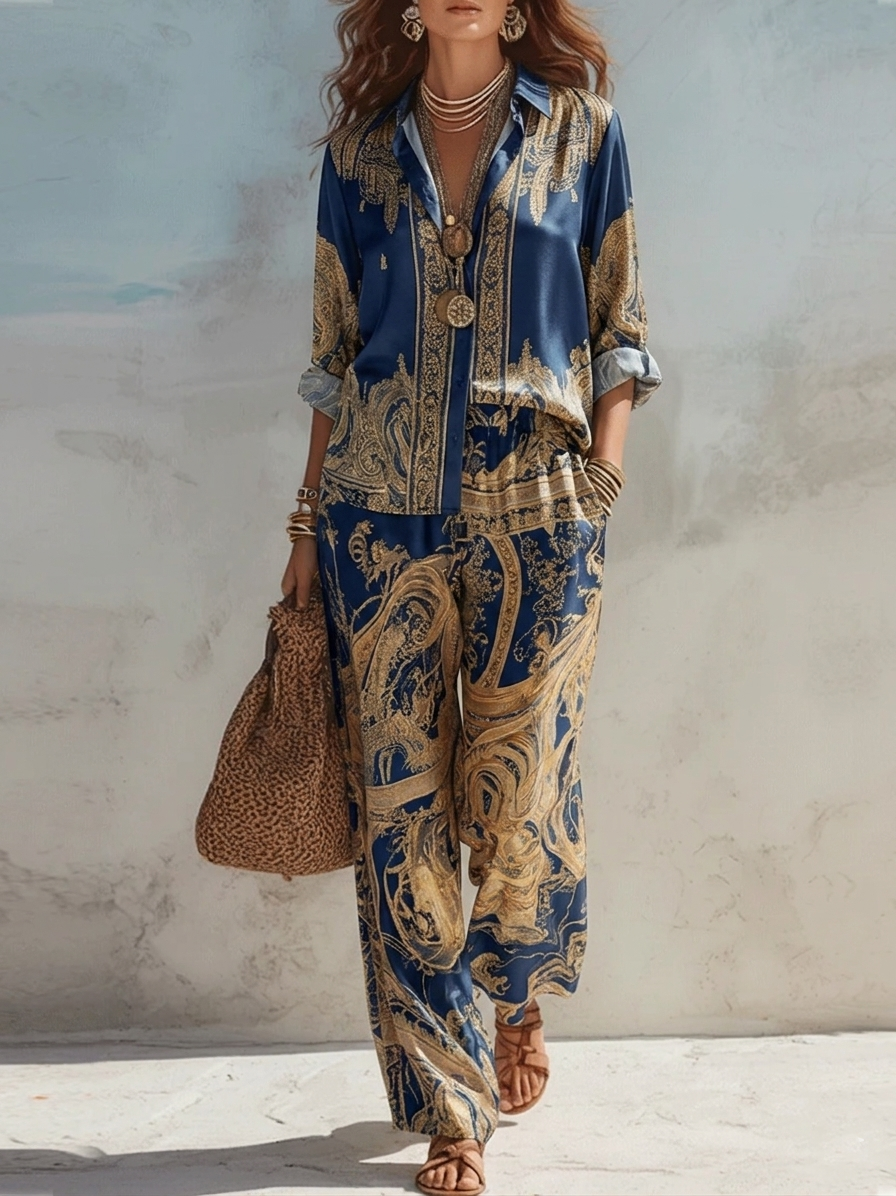 Baroque Print Long Sleeve Shirt and Wide Leg Pants Two Piece Set 2