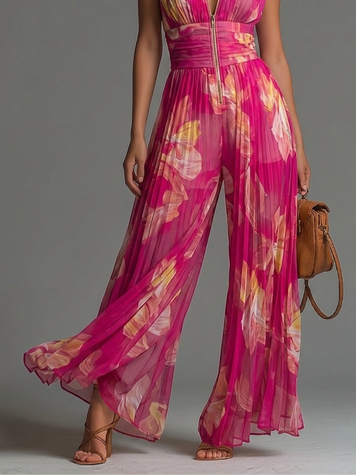 Sleeveless Zip Front Pleated Wide Leg Chiffon Jumpsuit 4