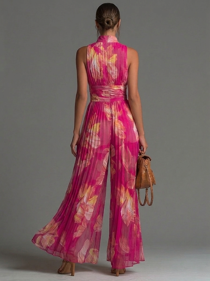Sleeveless Zip Front Pleated Wide Leg Chiffon Jumpsuit 2