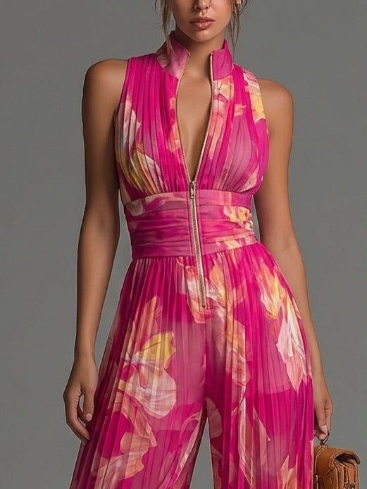 Floral Print Sleeveless Zip Front High Neck Wide Leg Jumpsuit 3