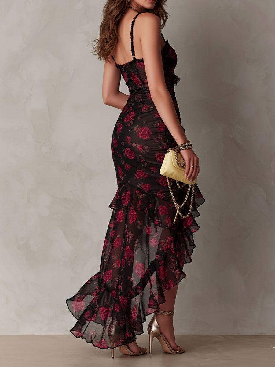 Rose Floral Sweetheart Ruffle High Split Maxi Dress 3