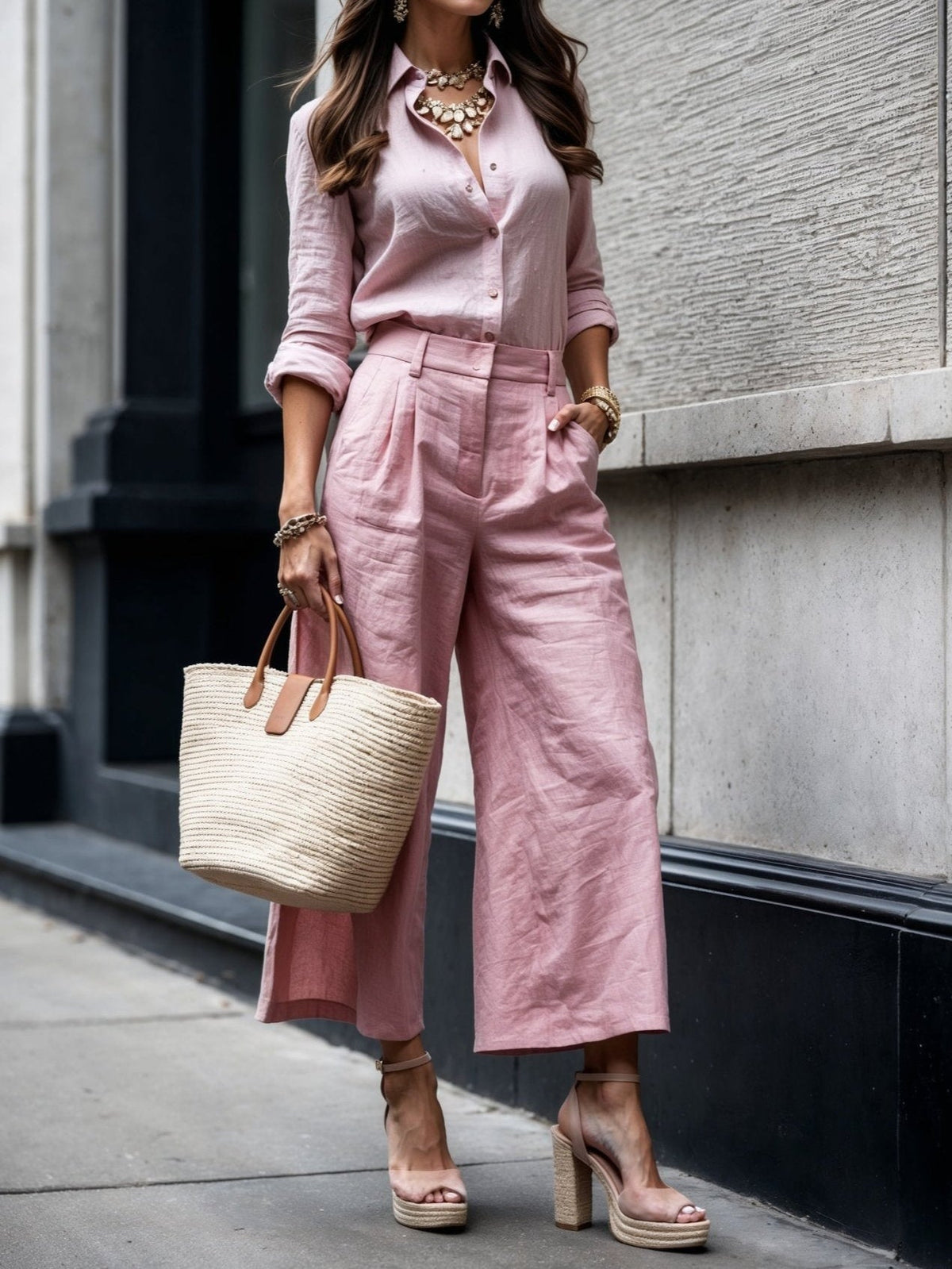 Long Sleeve Shirt and Wide Leg Pants Two Piece Set