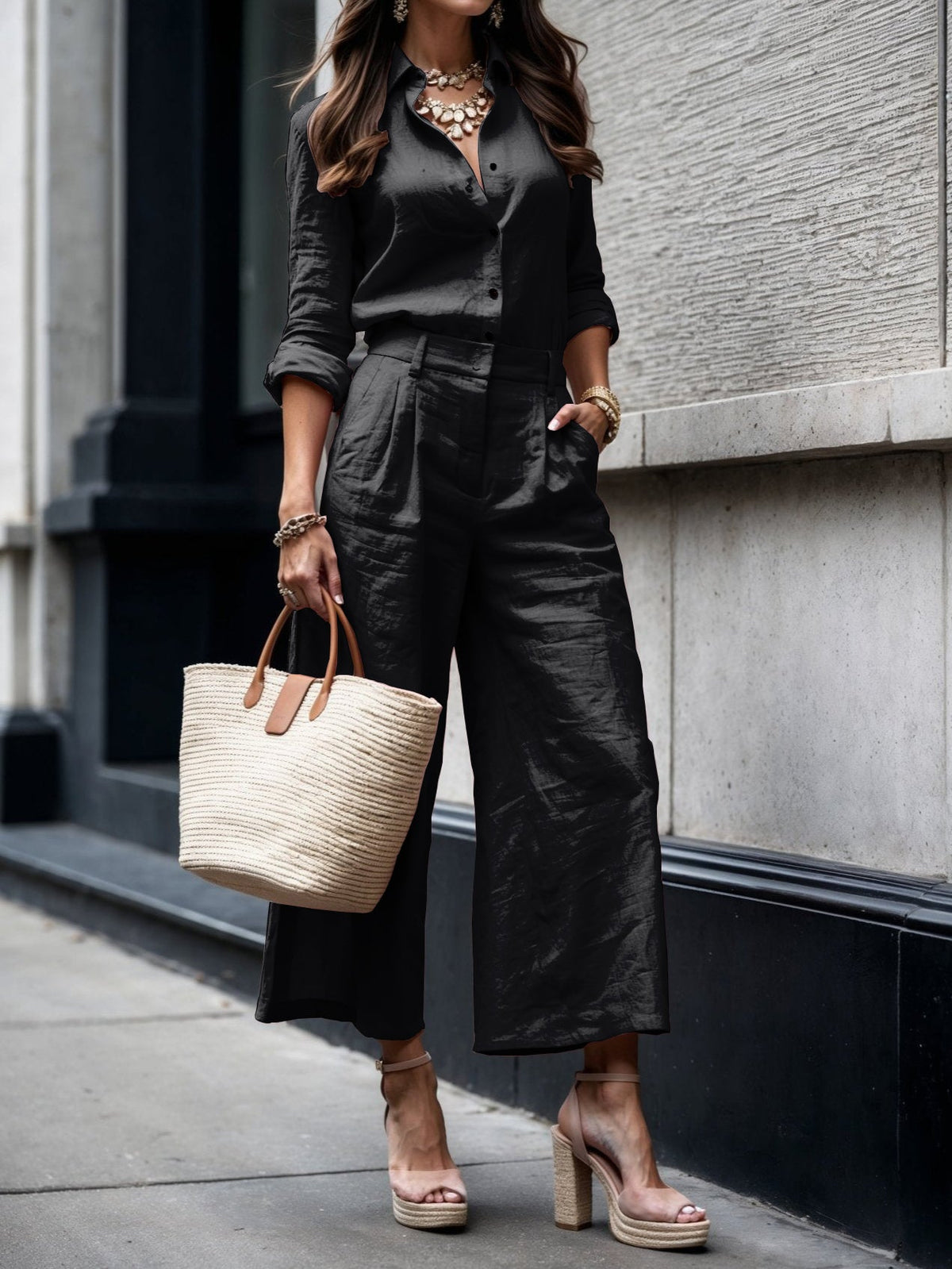 Long Sleeve Shirt and Wide Leg Pants Two Piece Set 3