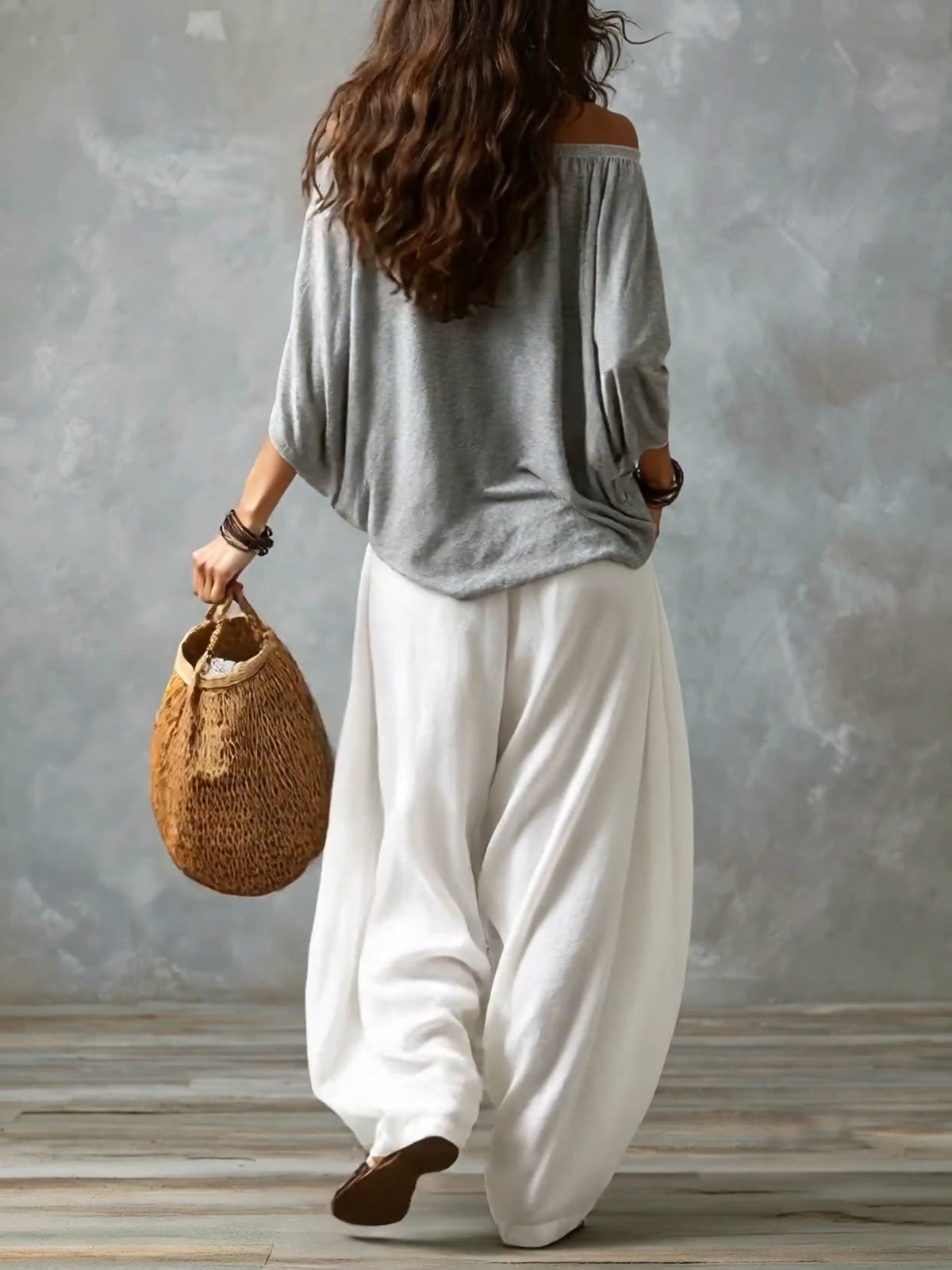 Off Shoulder Knit Top and Wide Leg Pants Two Piece Set 2
