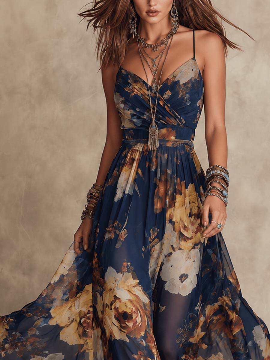 Floral V-Neck Spaghetti Strap Ruched Waist Maxi Dress 4