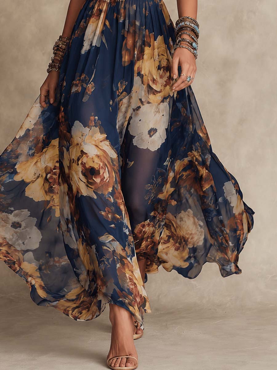 Floral Print V-Neck Spaghetti Strap Chiffon Maxi Dress 5