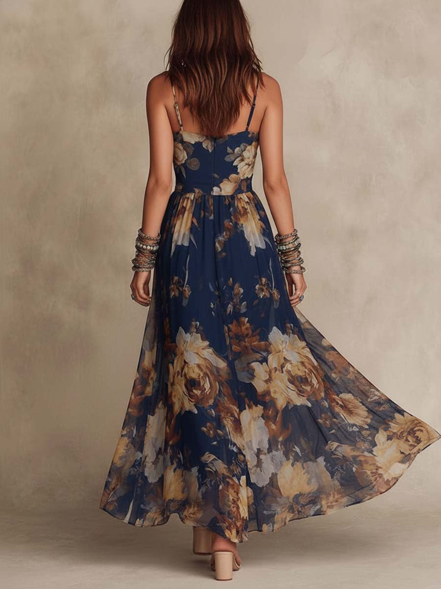 Floral Print V-Neck Spaghetti Strap Chiffon Maxi Dress 3