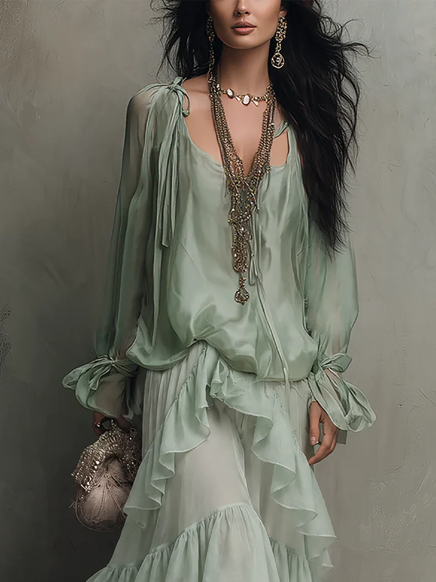 Sheer Blouson Top and Tiered Ruffle Maxi Skirt Two Piece Set 6