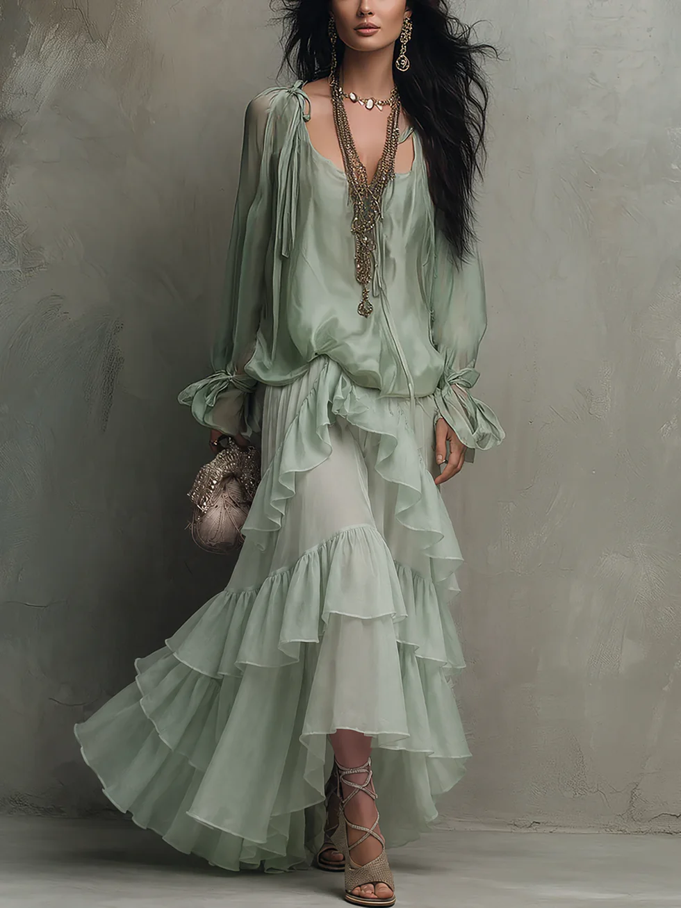Sheer Blouson Top and Tiered Ruffle Maxi Skirt Two Piece Set