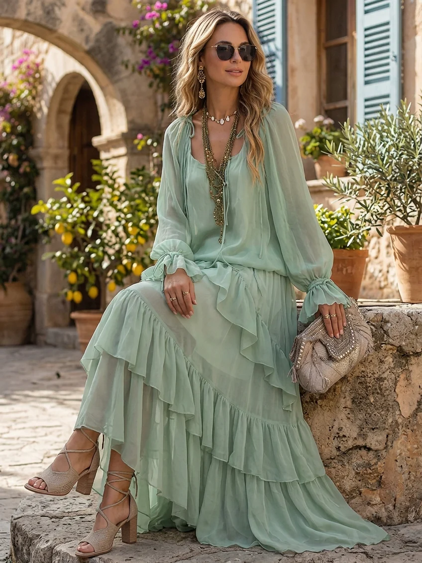Sheer Blouson Top and Tiered Ruffle Maxi Skirt Two Piece Set 3