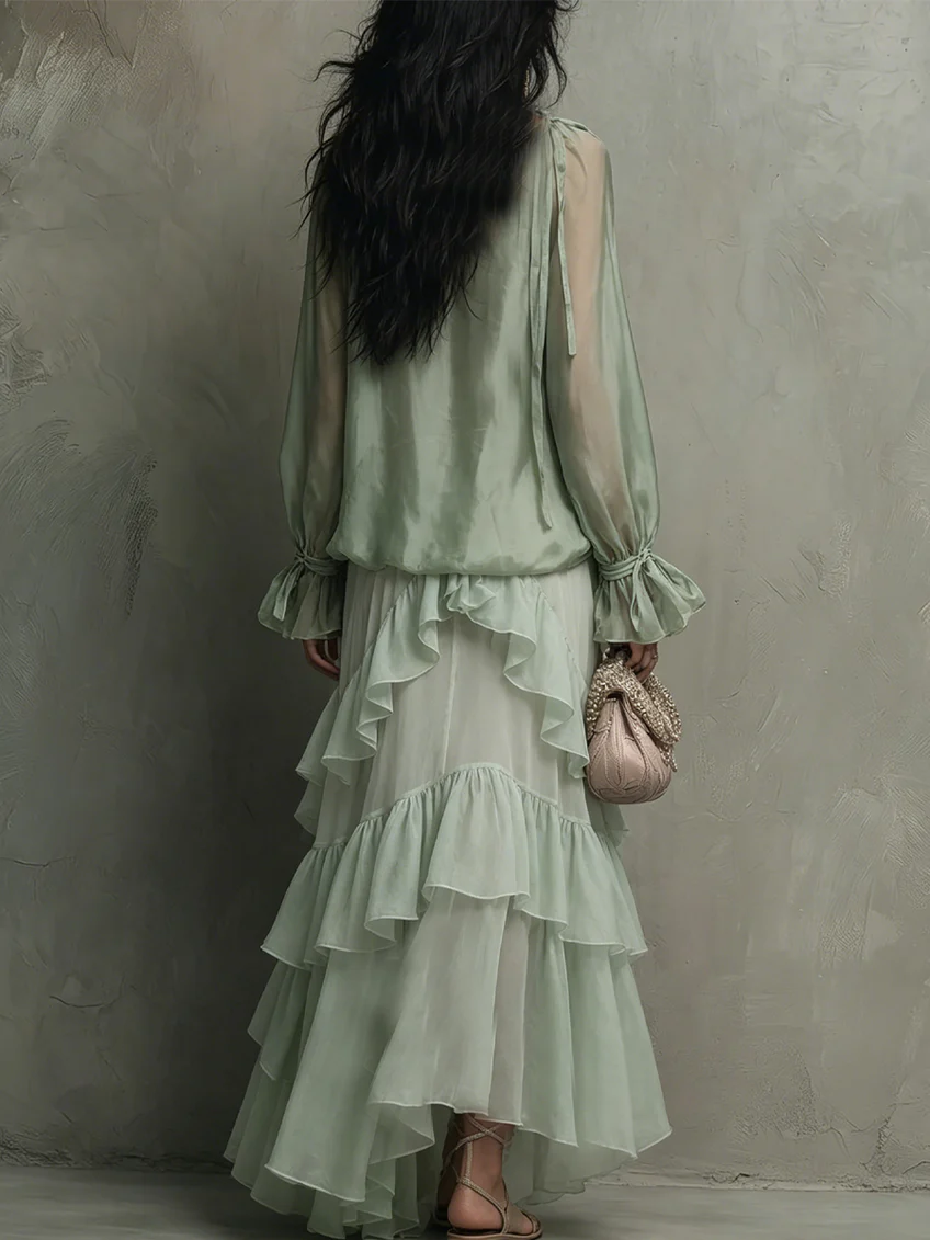Sheer Blouson Top and Tiered Ruffle Maxi Skirt Two Piece Set 5