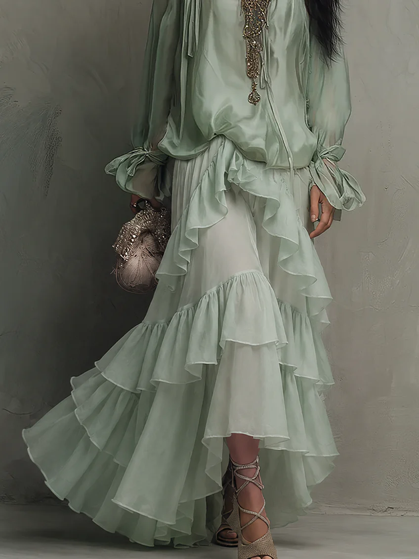 Sheer Blouson Top and Tiered Ruffle Maxi Skirt Two Piece Set 7