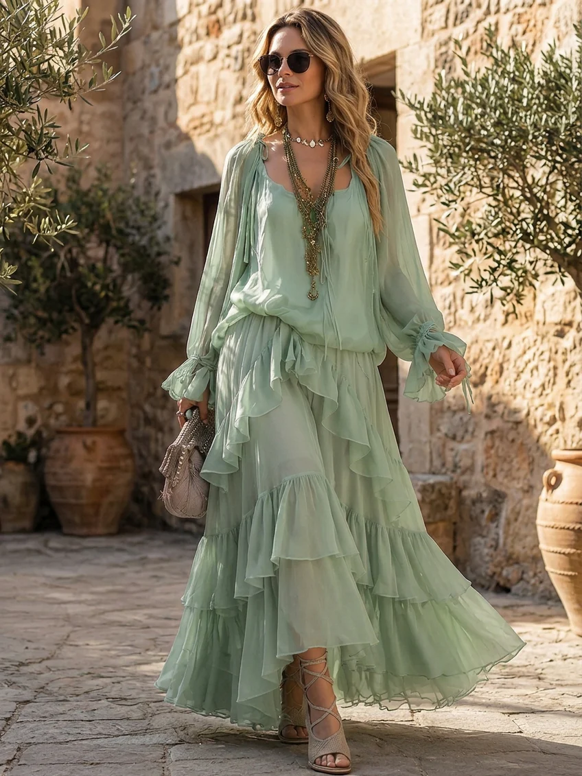 Sheer Blouson Top and Tiered Ruffle Maxi Skirt Two Piece Set 2