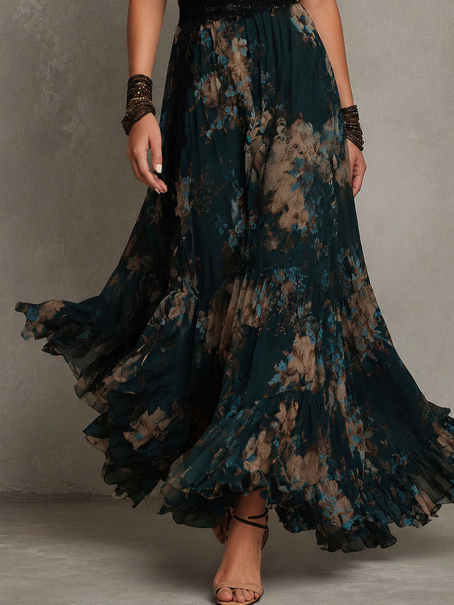 Deep V-Neck Lace Trim Cap Sleeve Floral Chiffon Ruffle Maxi Dress 6