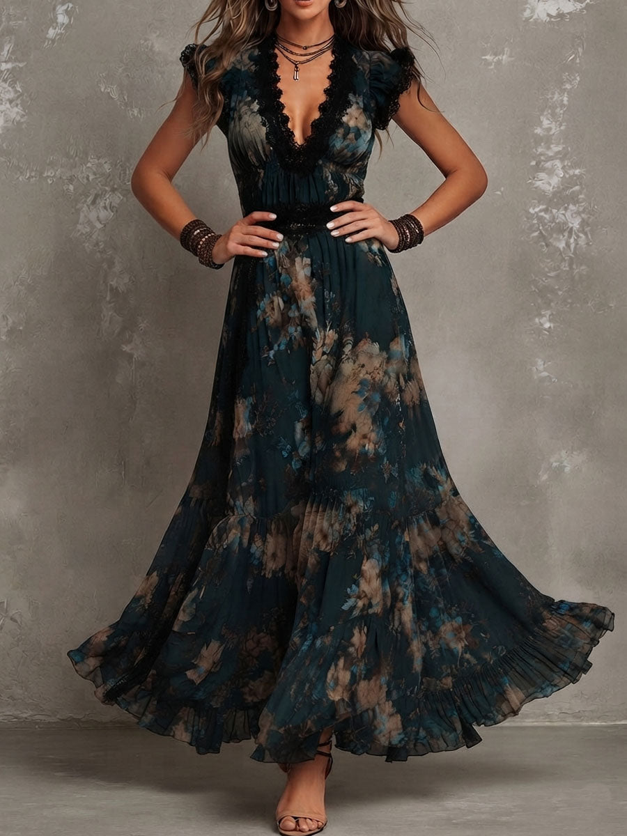 Floral Print Lace Trim Deep V-Neck Ruffle Tiered Maxi Dress 2