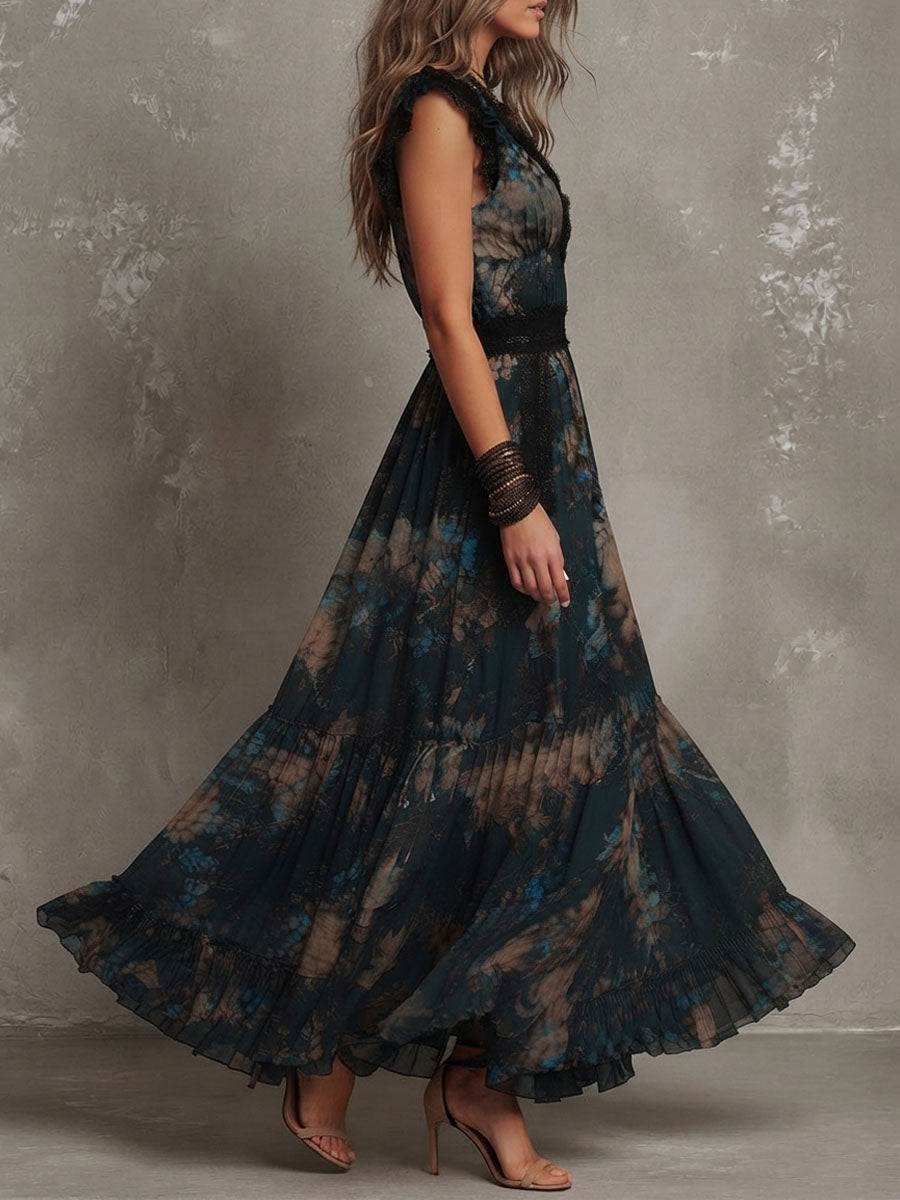 Floral Print Lace Trim Deep V-Neck Ruffle Tiered Maxi Dress 3