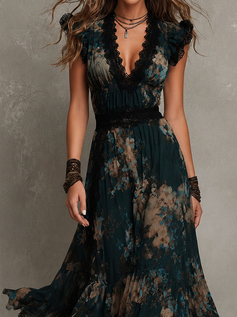 Deep V-Neck Lace Trim Cap Sleeve Floral Chiffon Ruffle Maxi Dress 5