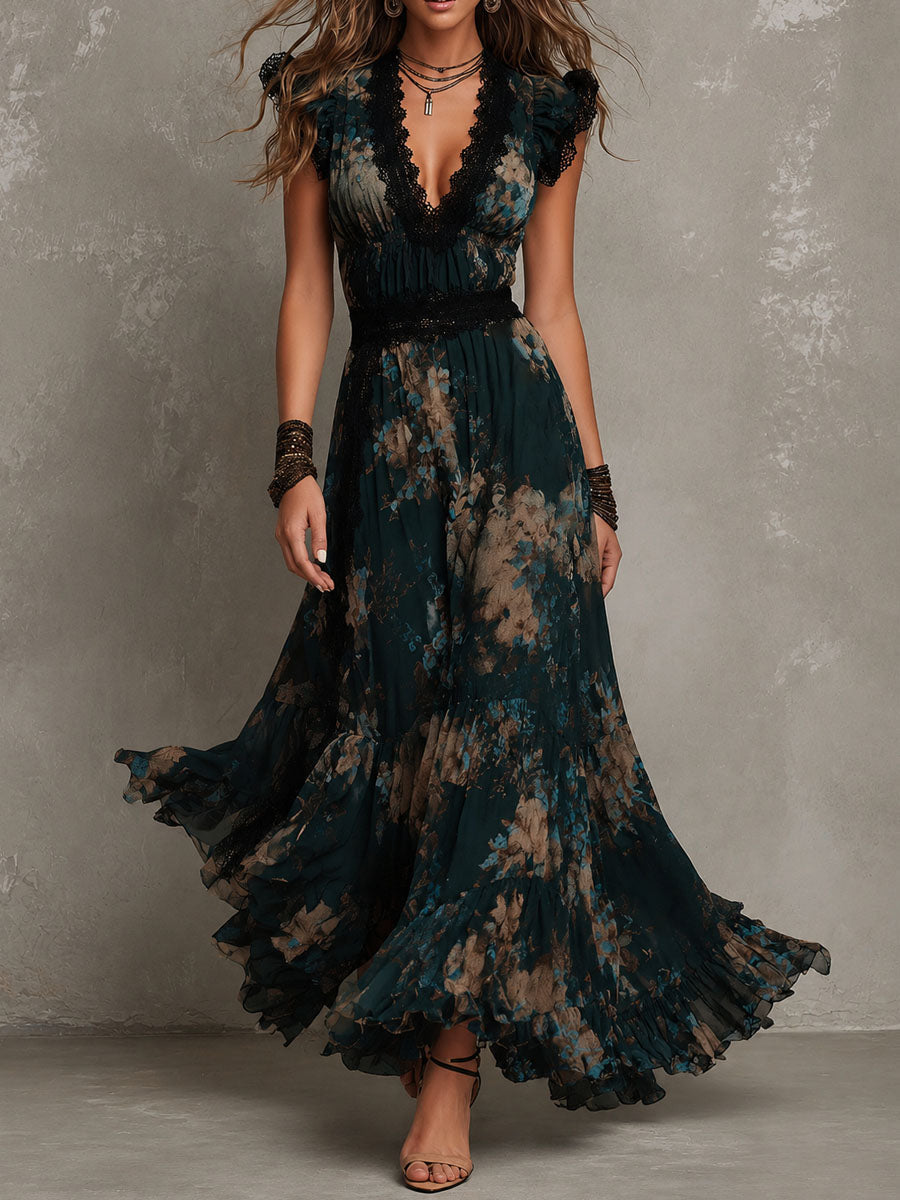 Floral Print Lace Trim Deep V-Neck Ruffle Tiered Maxi Dress