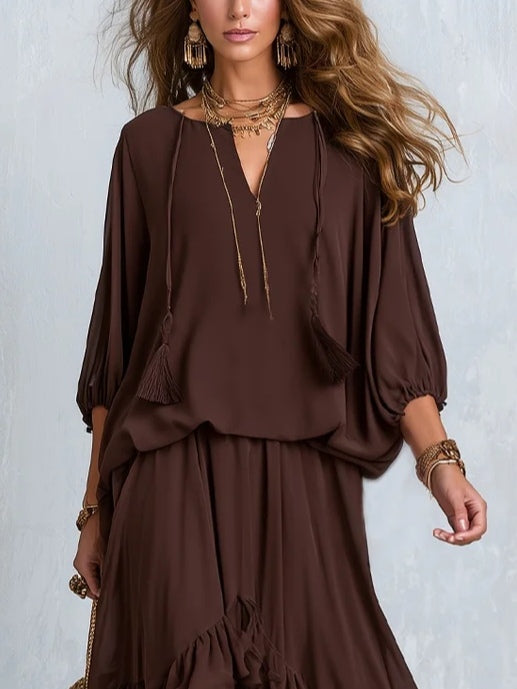 V-Neck Tassel Top and Tiered Ruffle Maxi Skirt Two Piece Set 3