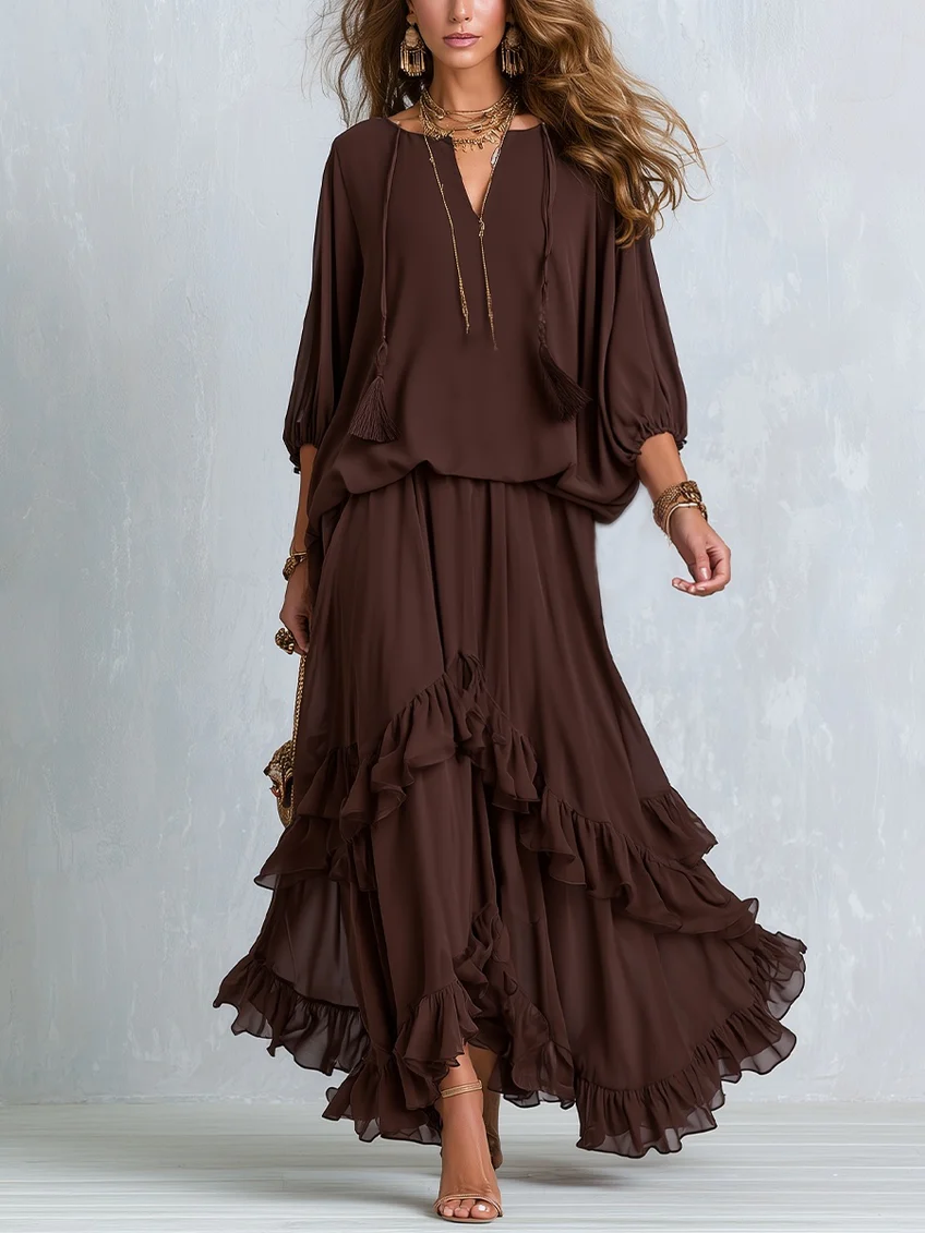 V-Neck Tassel Top and Tiered Ruffle Maxi Skirt Two Piece Set