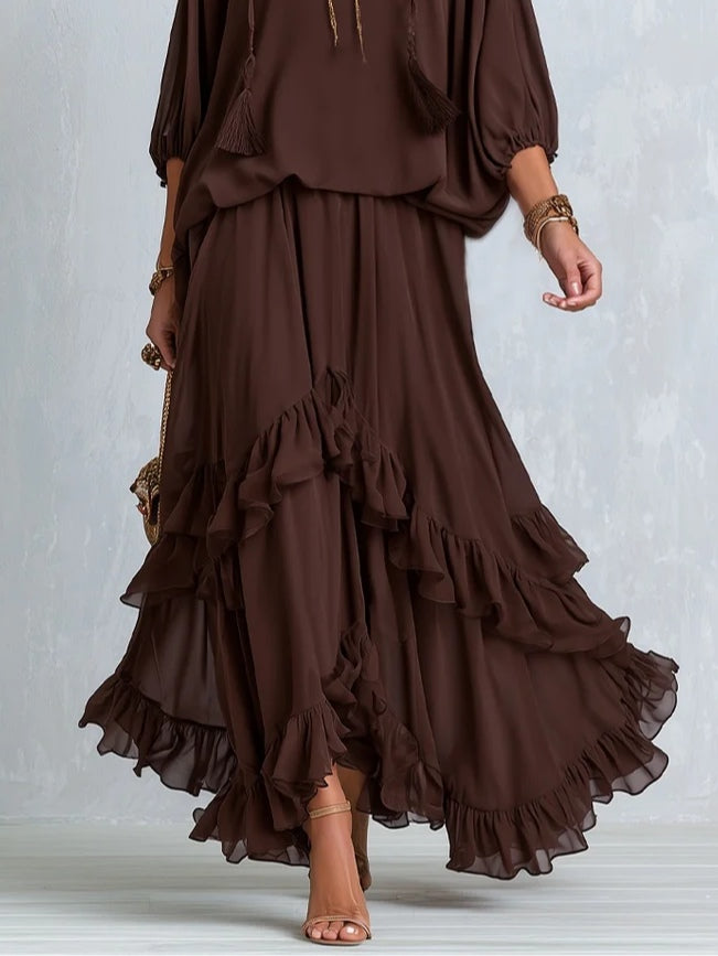 V-Neck Tassel Top and Tiered Ruffle Maxi Skirt Two Piece Set 4