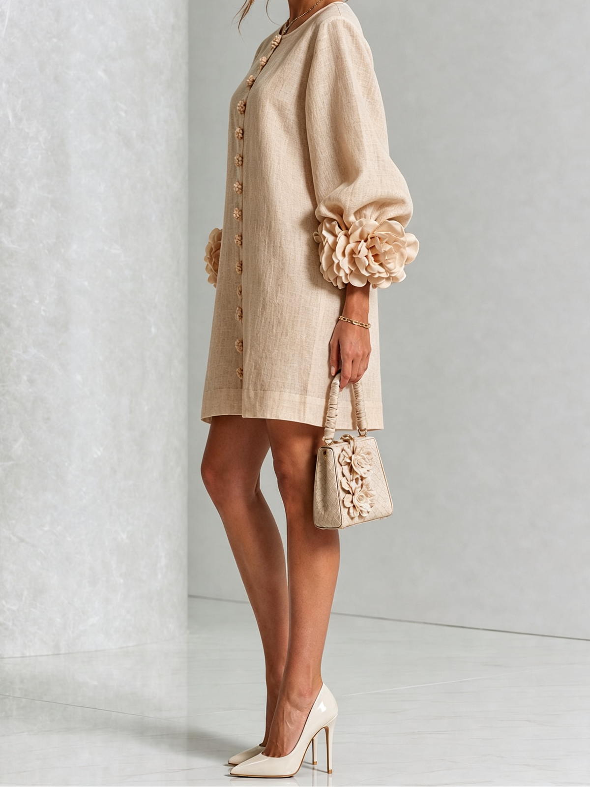 Round Neck Floral Applique Sleeve Button Front Linen Look Mini Dress 24