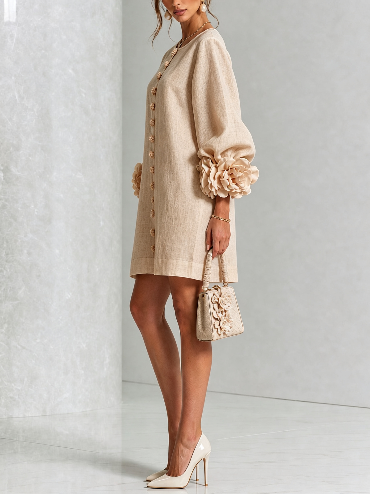 Floral Applique Puff Sleeve Button Front Linen Mini Dress 24