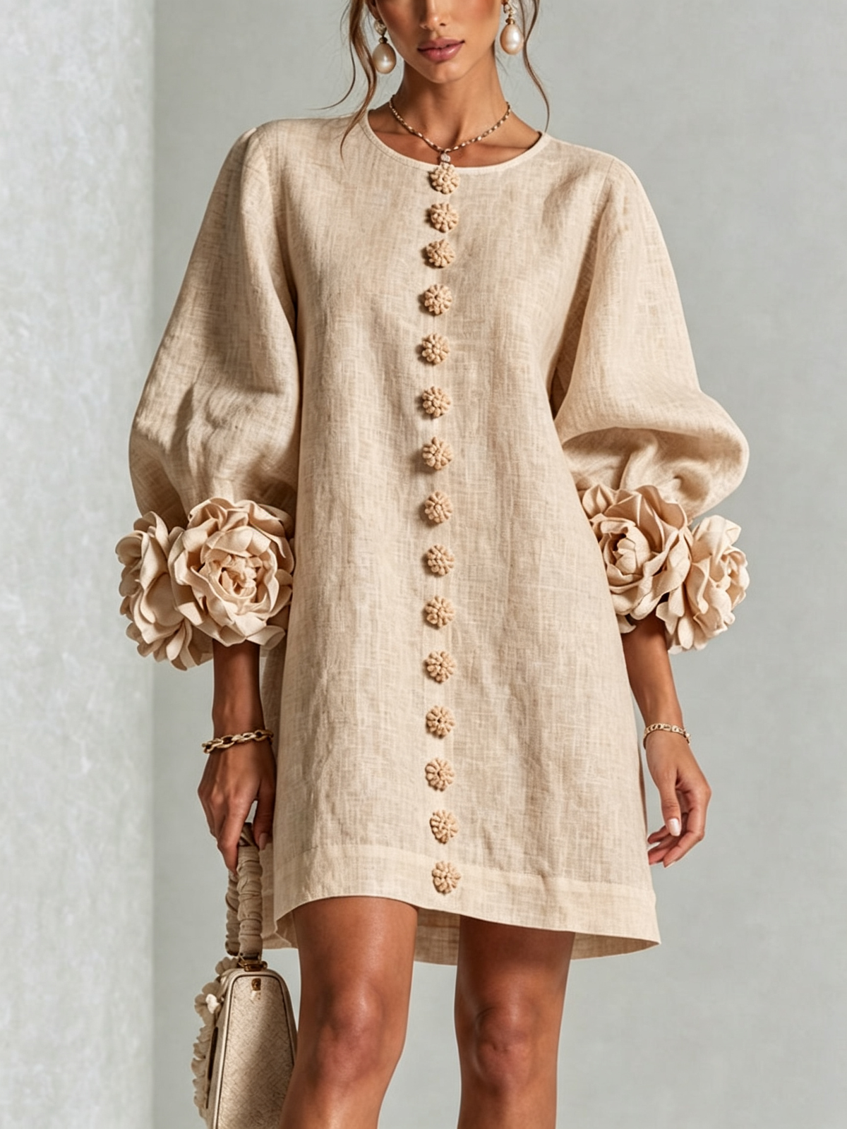 Tweed Button Front 3D Floral Balloon Sleeve Mini Dress 25