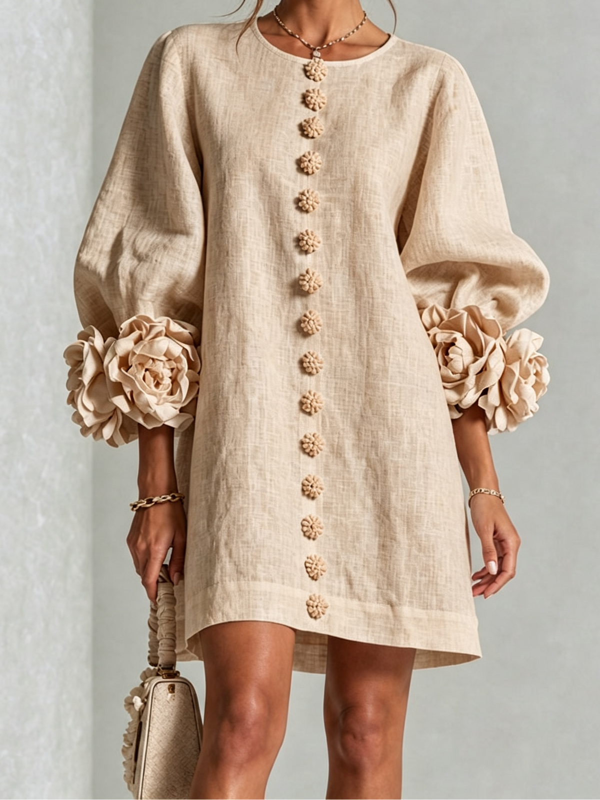 Round Neck Floral Applique Sleeve Button Front Linen Look Mini Dress 23