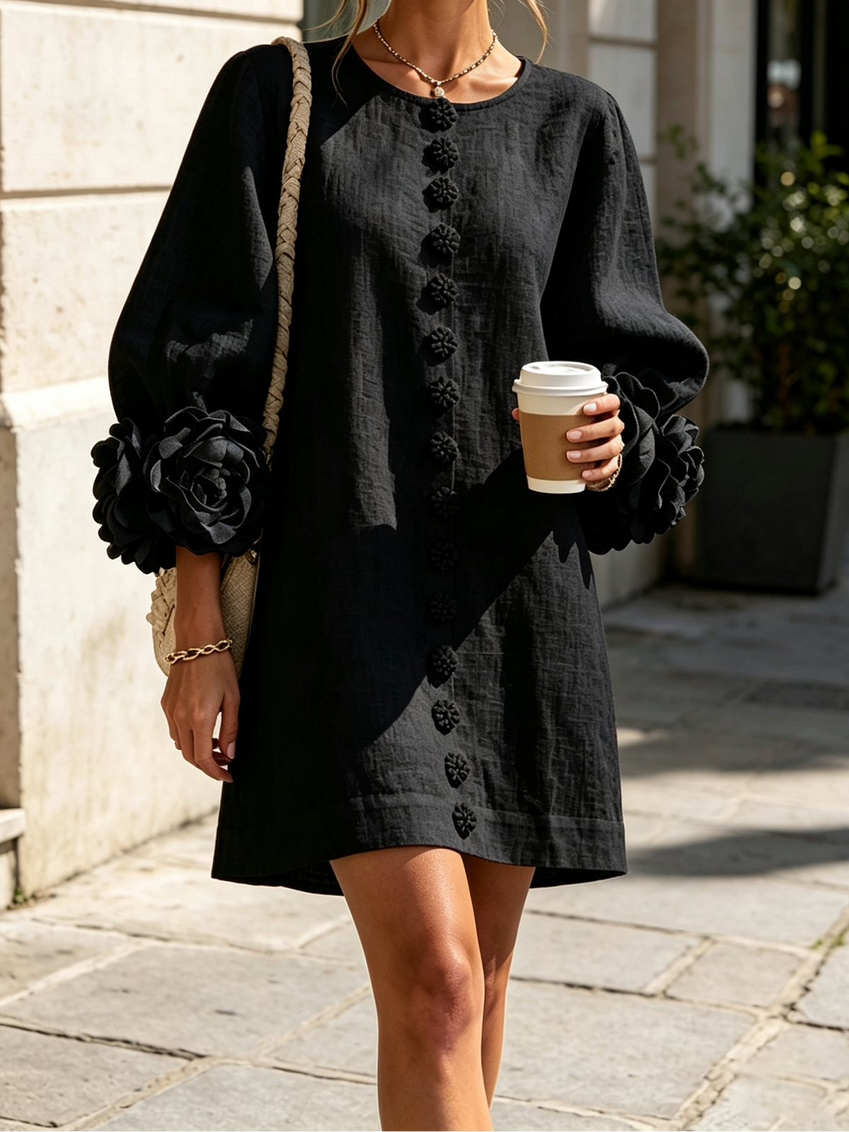 Round Neck Floral Applique Sleeve Button Front Linen Look Mini Dress 18