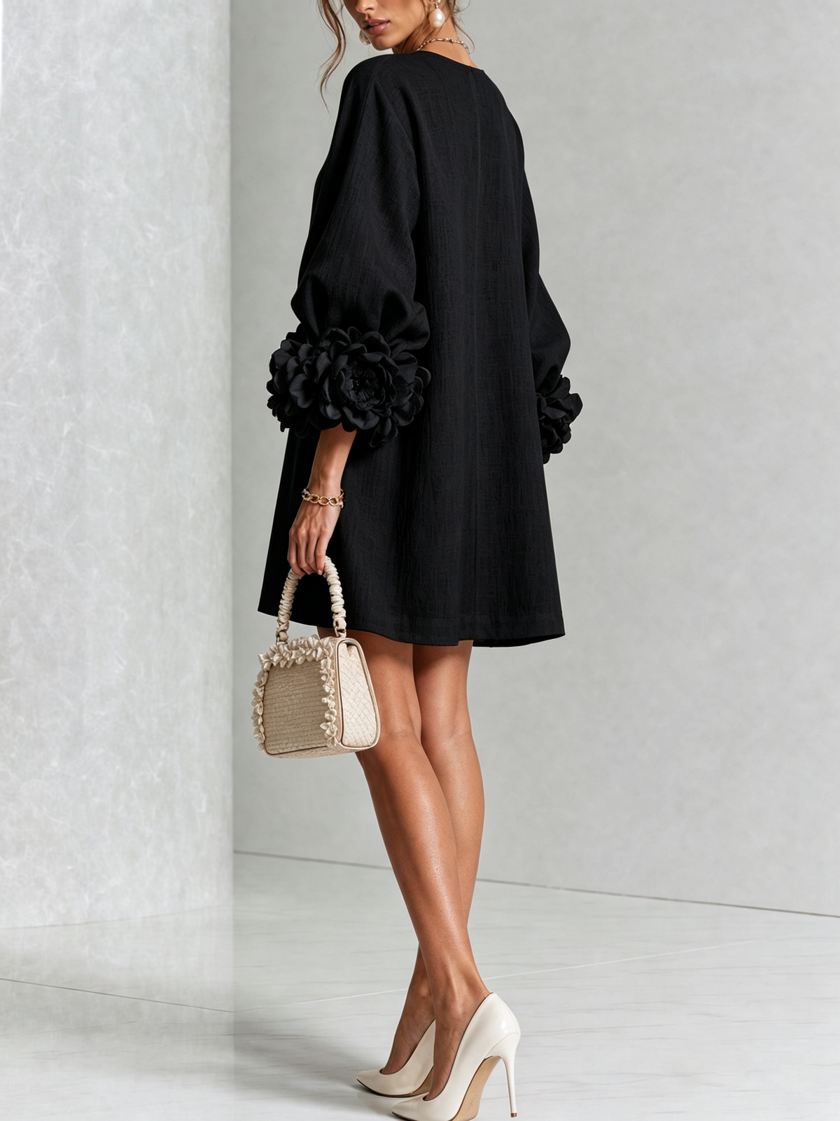 Tweed Button Front 3D Floral Balloon Sleeve Mini Dress 19