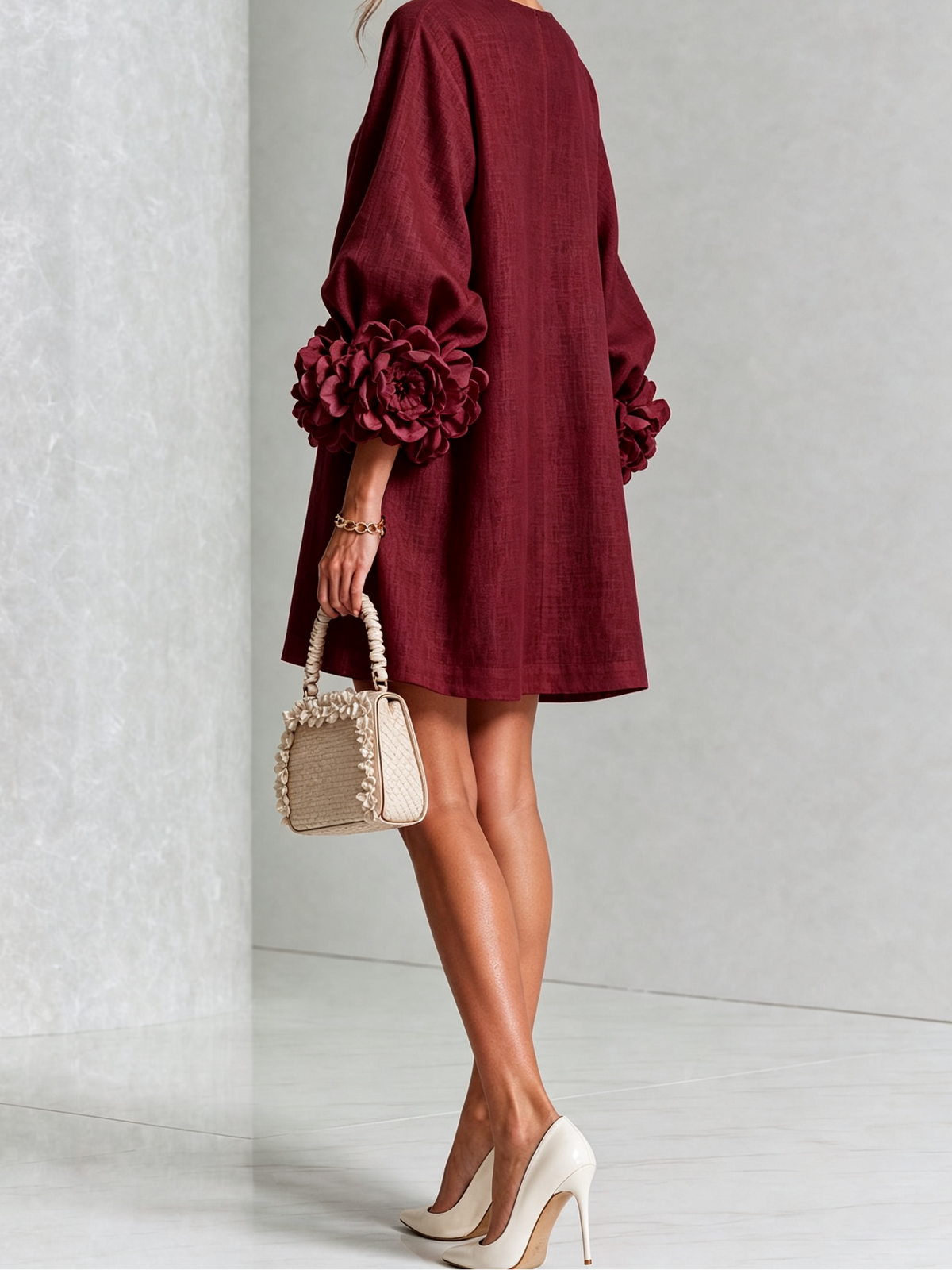 Round Neck Floral Applique Sleeve Button Front Linen Look Mini Dress 37