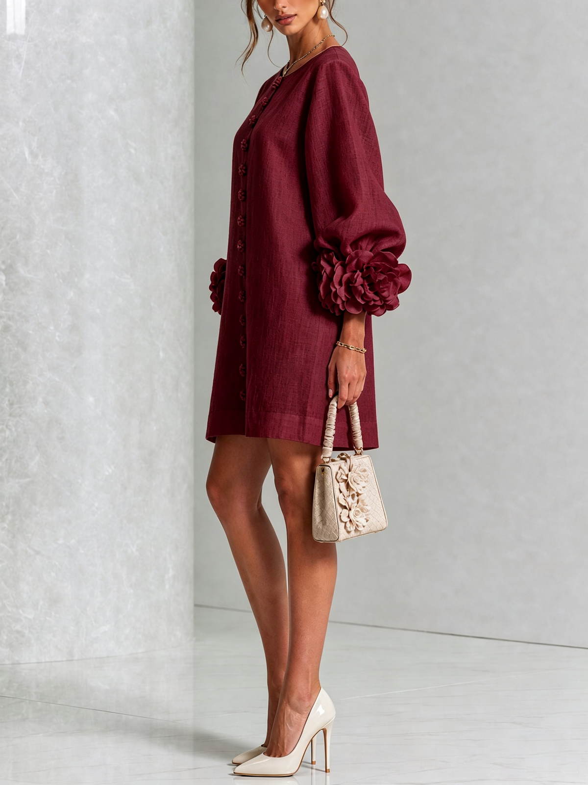 Floral Applique Puff Sleeve Button Front Linen Mini Dress 36