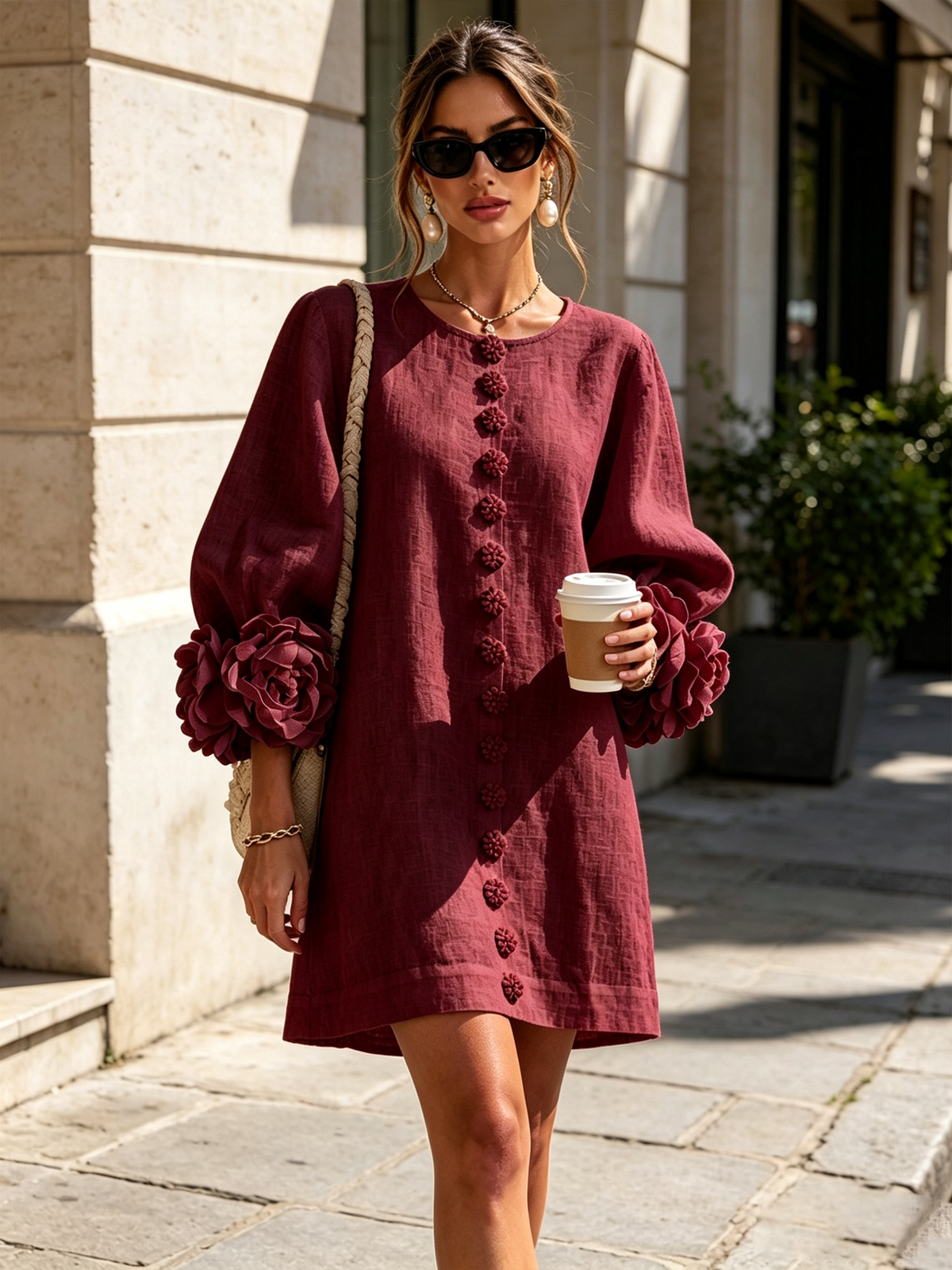 Floral Applique Puff Sleeve Button Front Linen Mini Dress 38