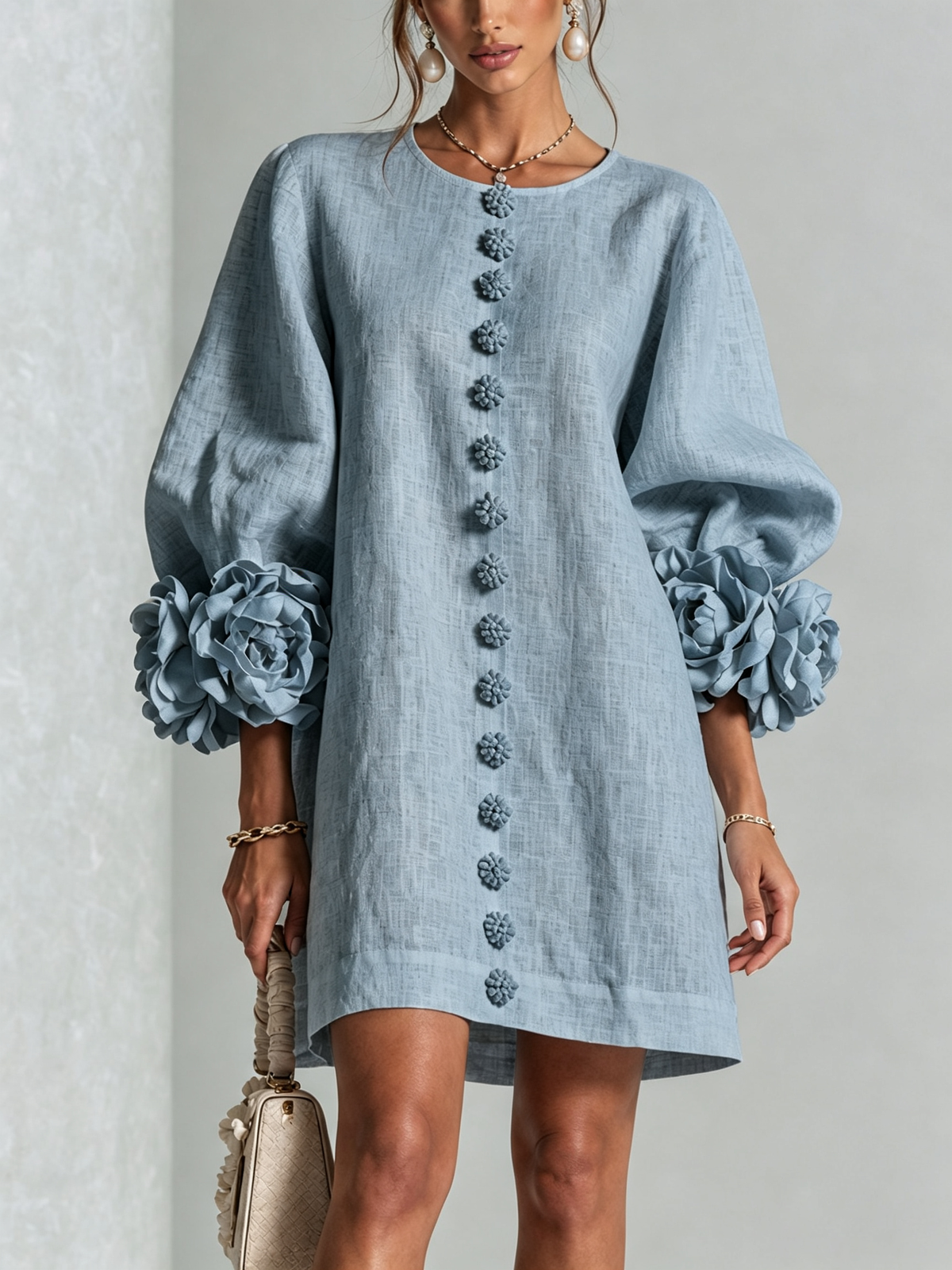 Tweed Button Front 3D Floral Balloon Sleeve Mini Dress 41